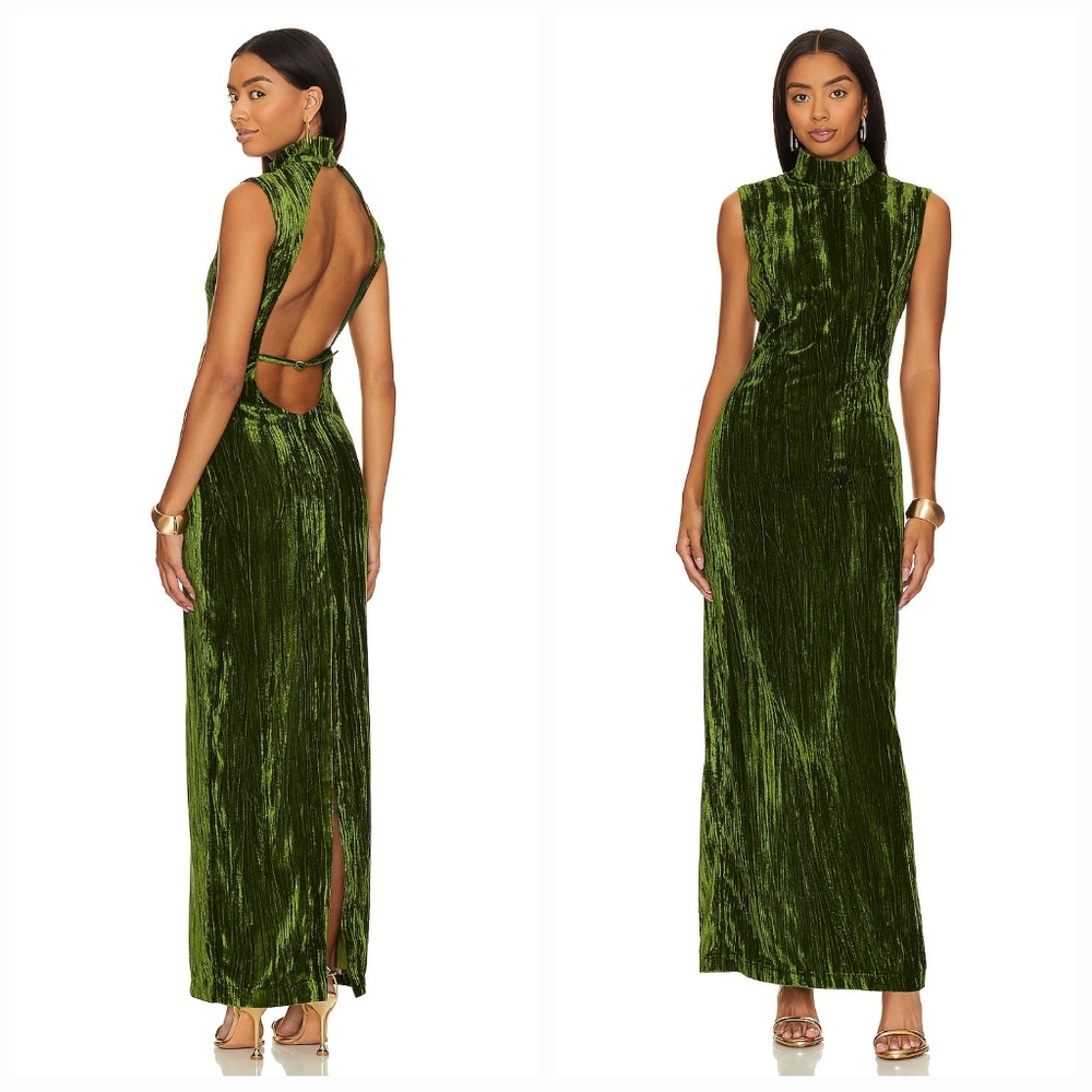 NBD Crinkled Velvet Backless Dress in Juniper Green